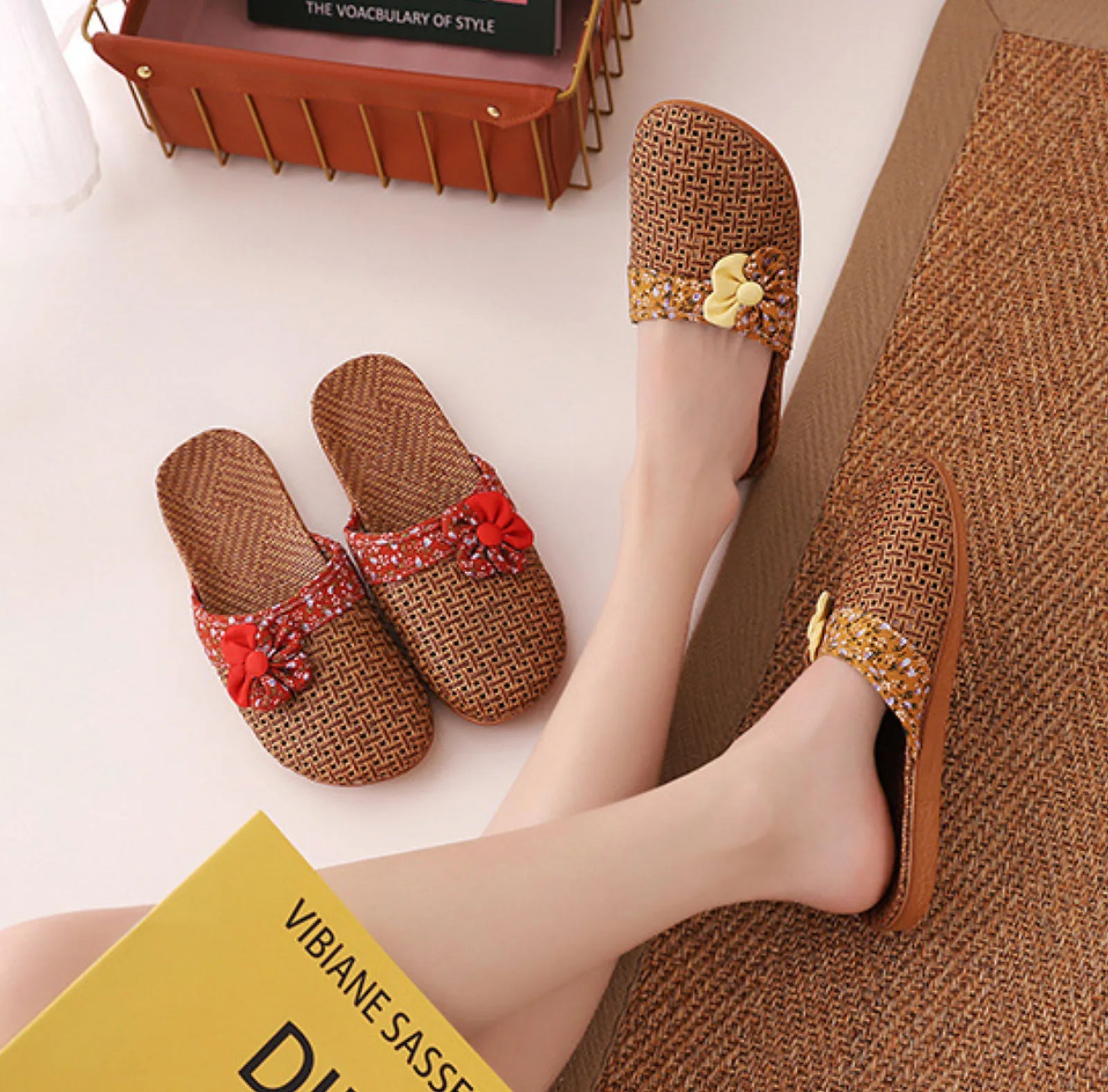 Model legs displaying Mustard Yellow and Red Floral Rattan Slippers - RoomDen