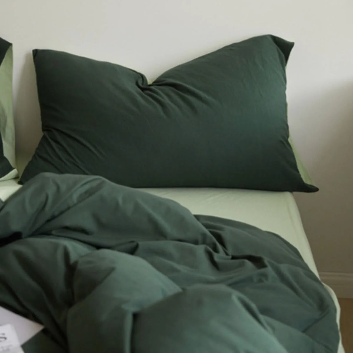 Dark Green Forest and Light Sage Reversible Duvet Cover Detail - RoomDen