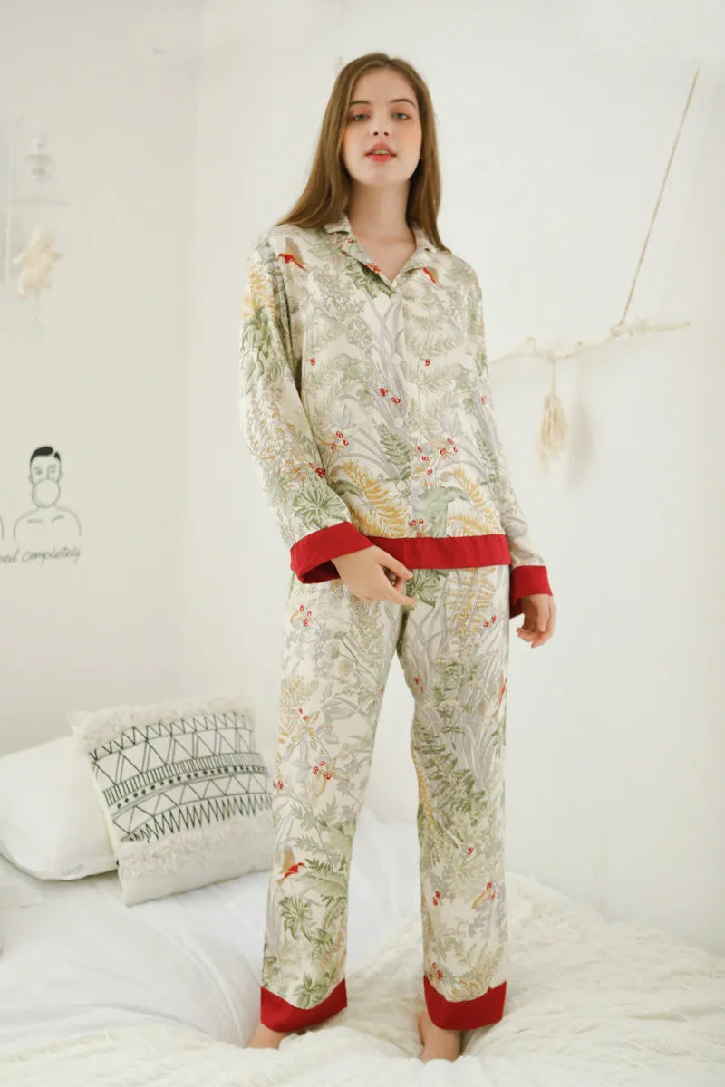 RoomDen Silky Festive Berry Botanical Cotton Sateen Pajama Set - Full Body Standing Long Sleeve - Red Trim Detail