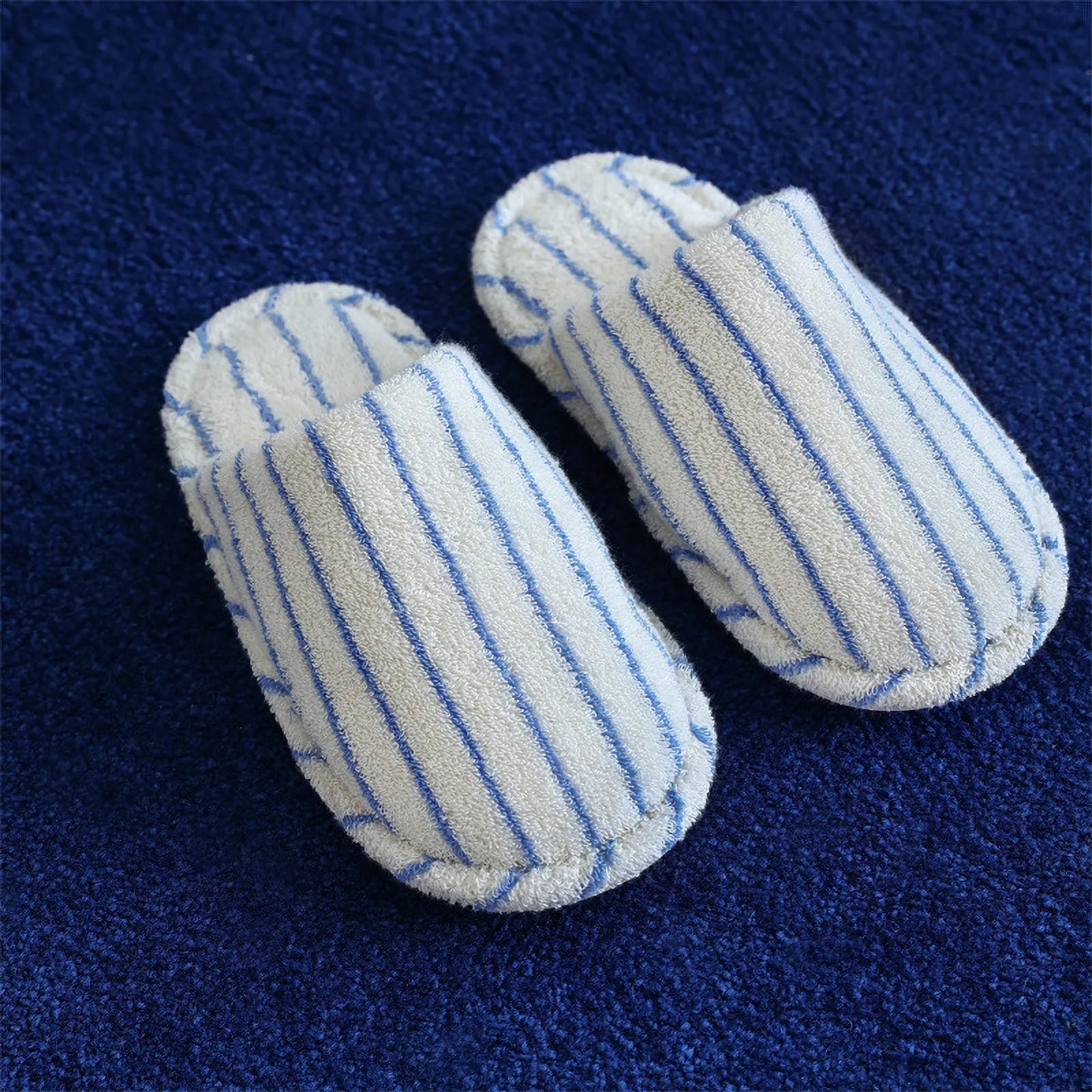 Side view of White and Blue Striped slippers showing sole and profile - RoomDen