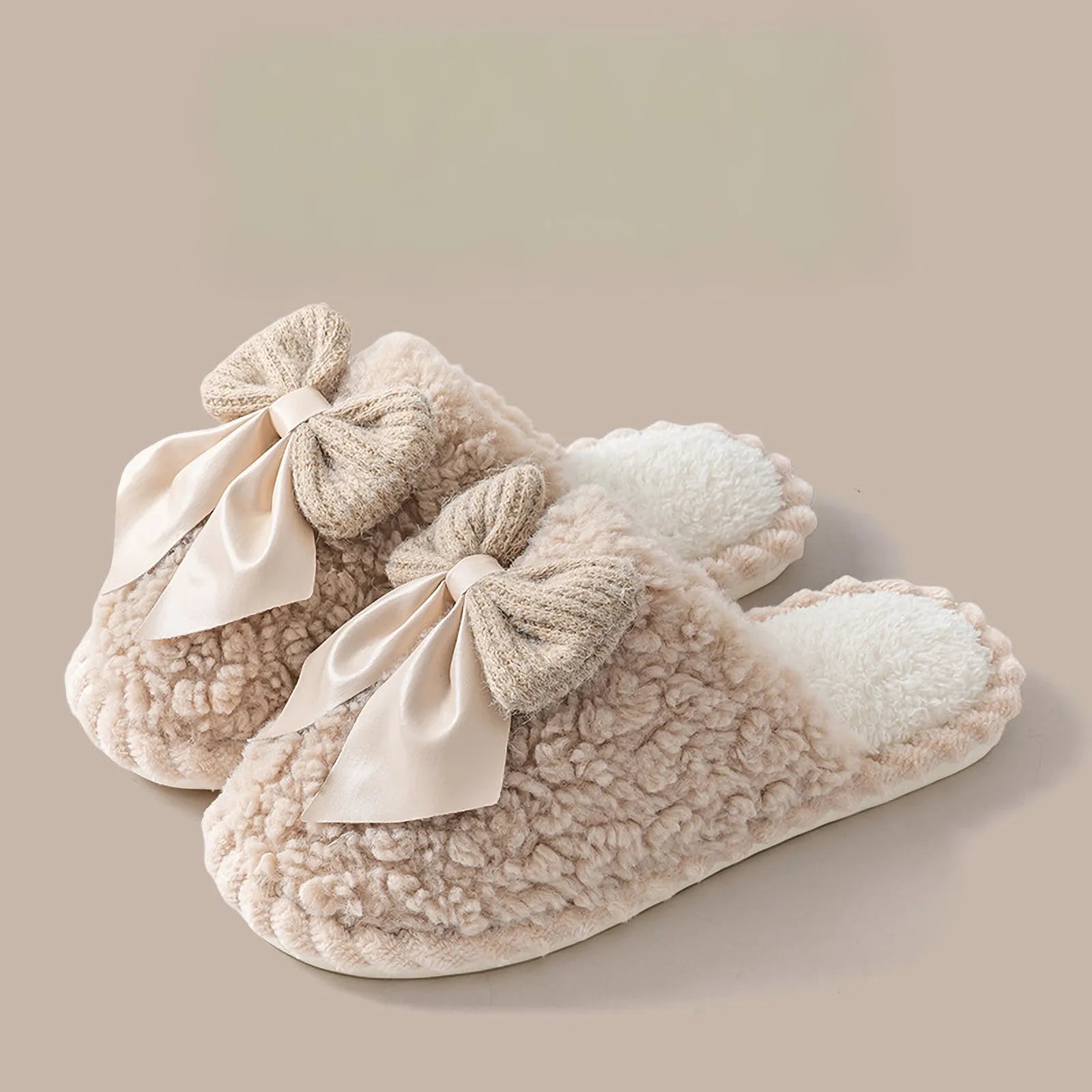 Pair of Beige warm winter house shoes with bow - RoomDen
