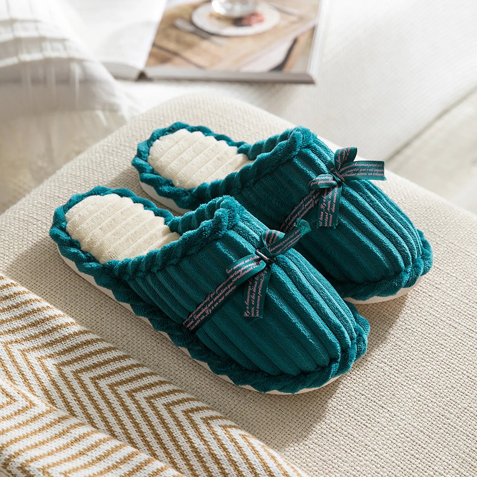 Close-up of Teal Green Corduroy Slipper Detail
