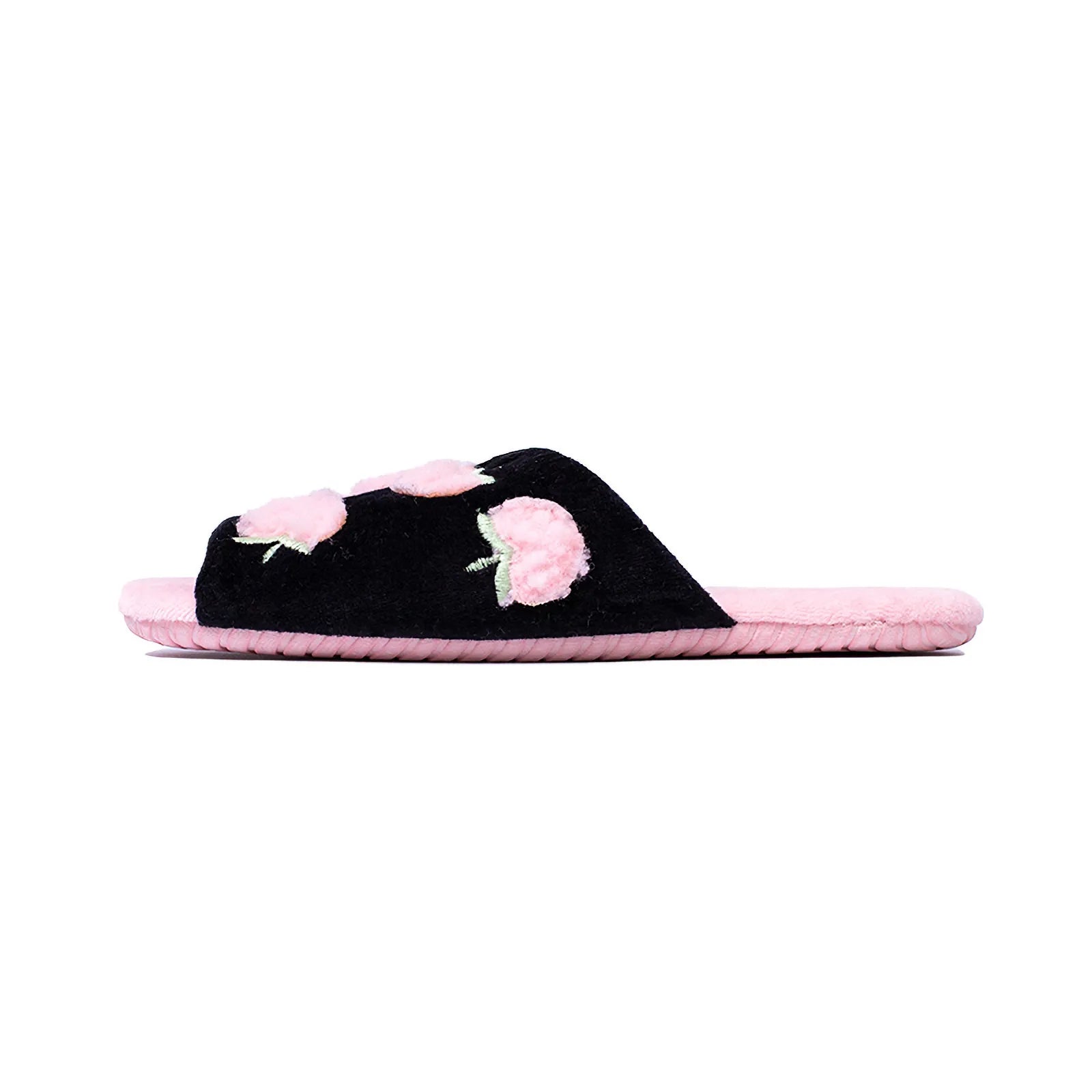Side Profile View of Black Plush Slides Showing Sole Thickness