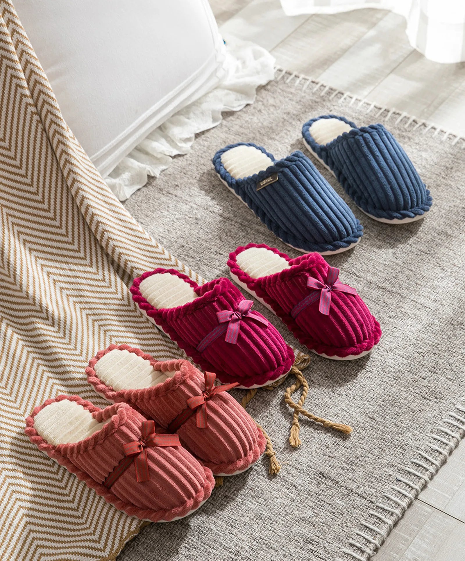Navy Blue and Berry Purple Slippers on Rug