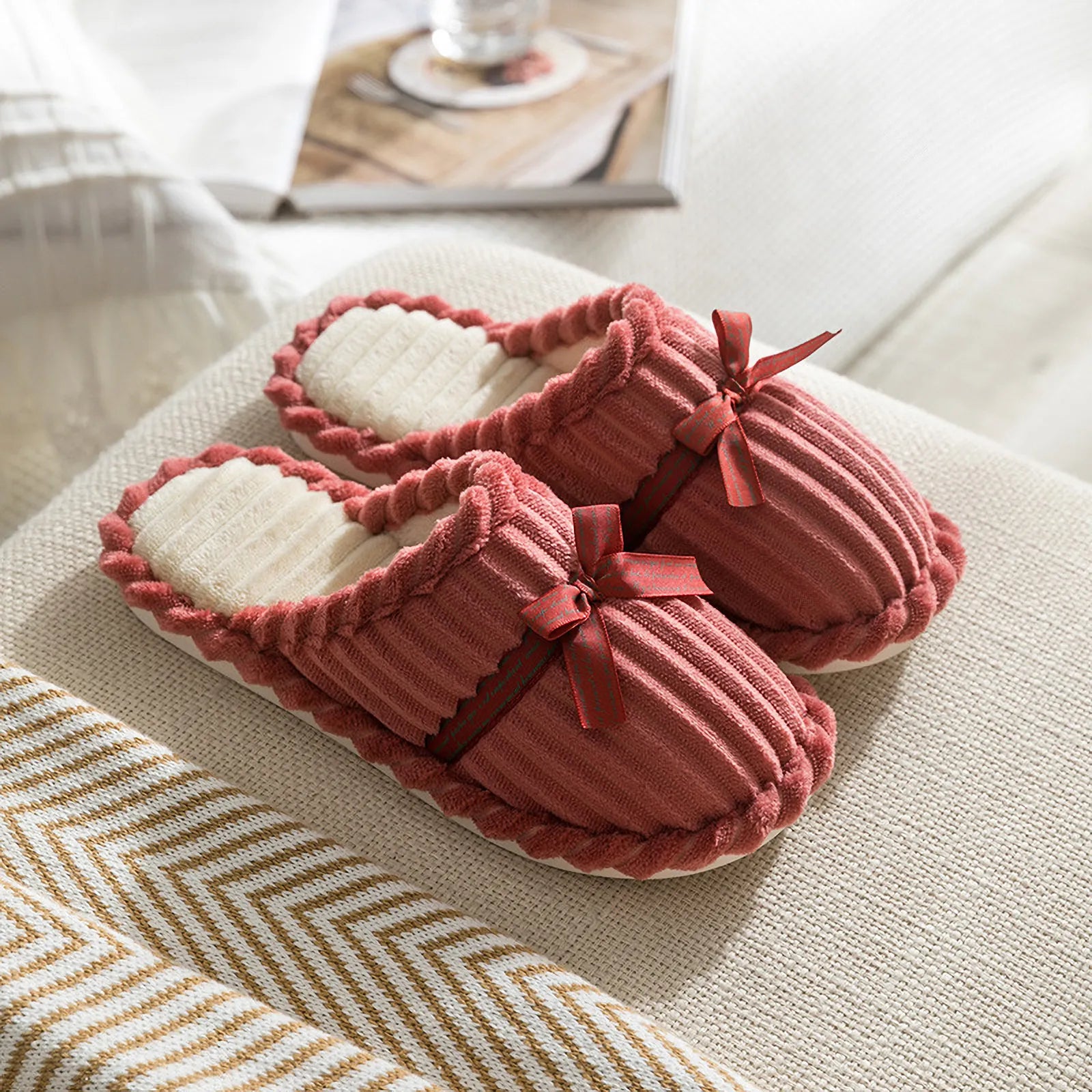 Close-up of Dusty Pink Ribbed Slipper Texture