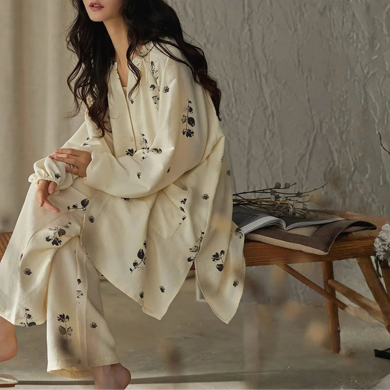 Lightweight Textured Botanical Print Cotton Pajama Set in creamy beige, relaxed oversized fit — RoomDen