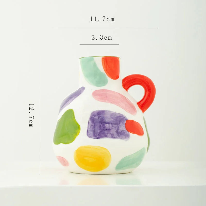 Close-up of the single-handle ceramic vase with colorful abstract spots, showing dimensions. - RoomDen