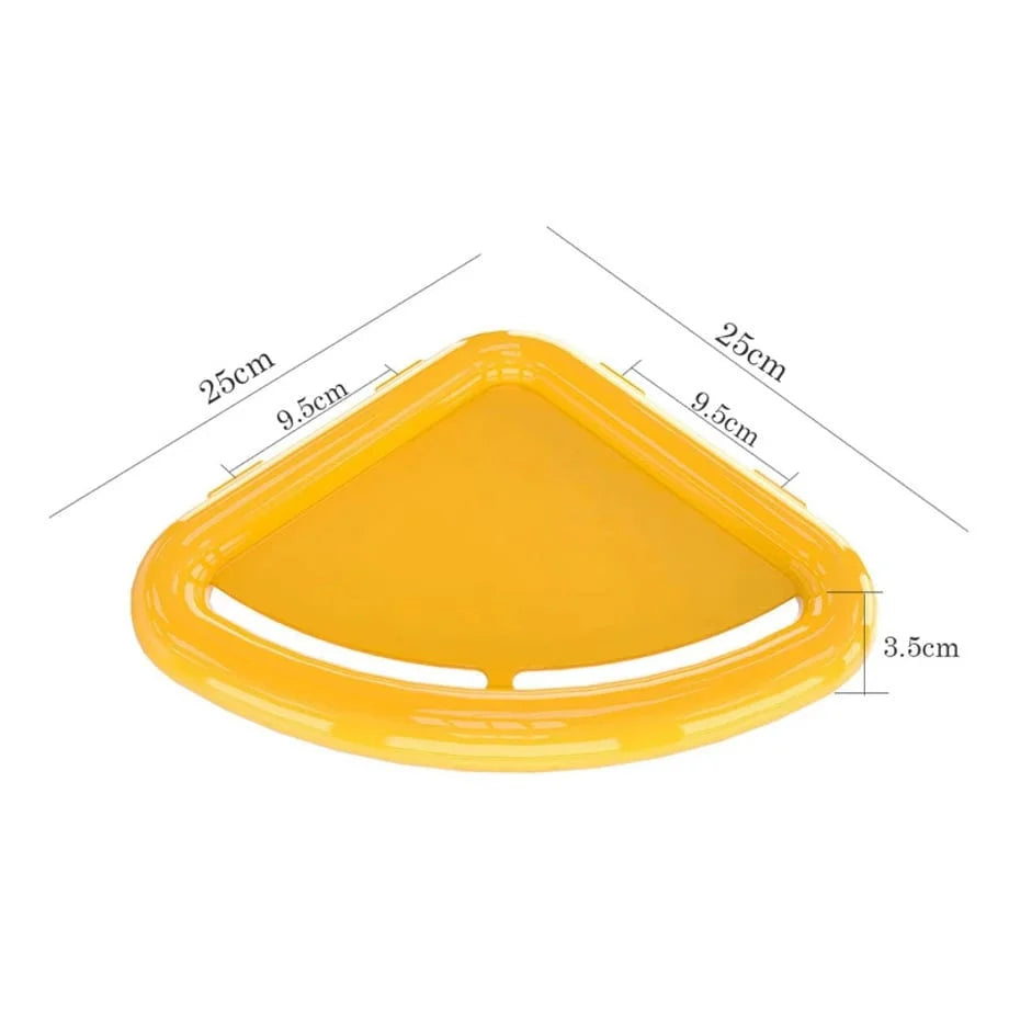 Diagram showing the dimensions of the yellow corner shelf: 25cm length per side and 3.5cm height. - RoomDen