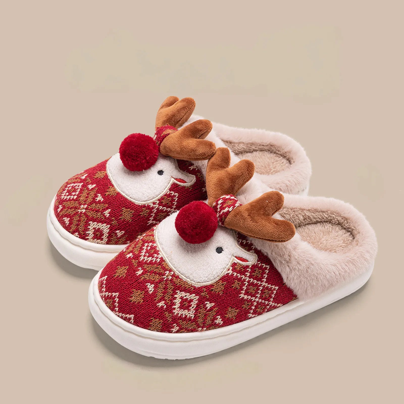 Red Reindeer Slipper Angled View on Beige Background - RoomDen
