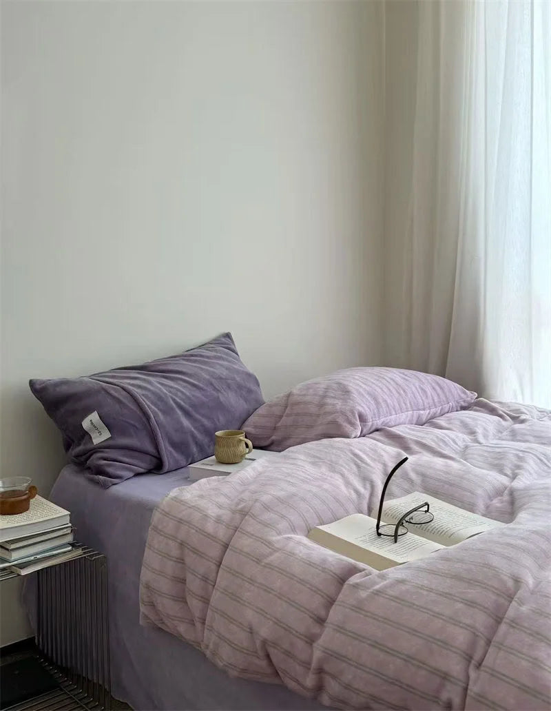 Purple Pinstripe Fleece Bedding Set with Matching Pillowcases
