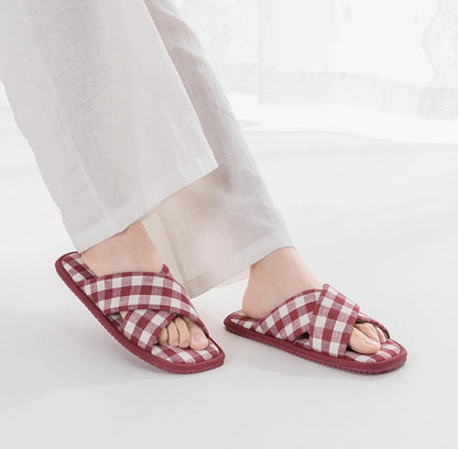Red Gingham Cotton House Slippers modeled on feet - Cottagecore - RoomDen