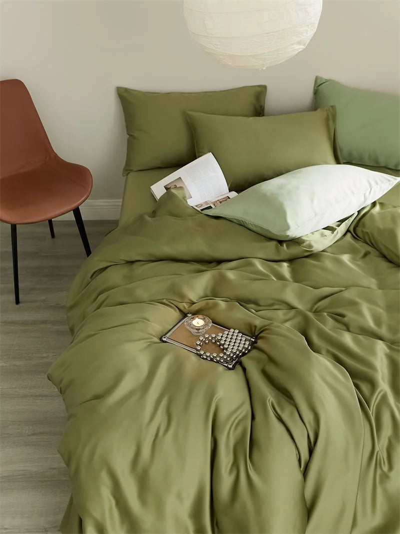 High-angle view of the olive green Tencel bedding set, emphasizing its rich color and silky texture on the bed - RoomDen.