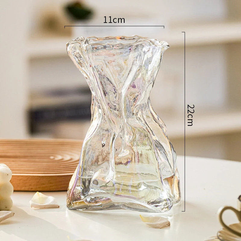 Front view of the large iridescent Sculptural Crumpled Glass Vase with dimensions displayed.