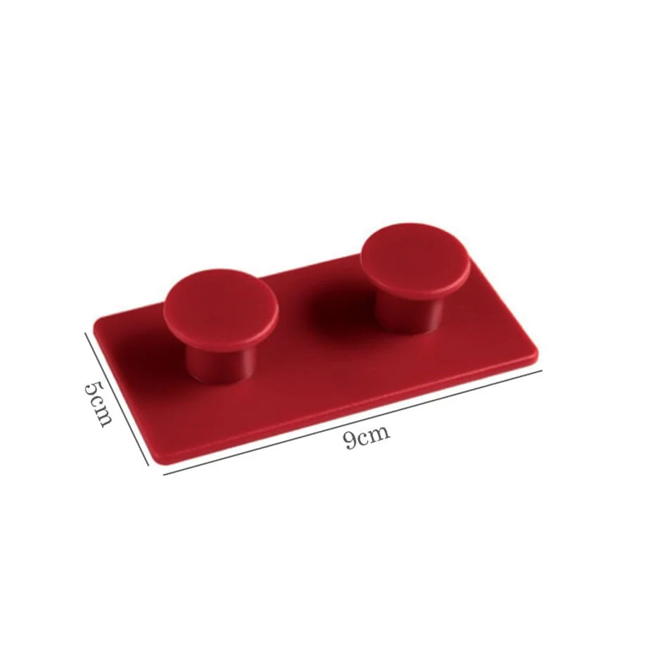 Red Colorblock Decorative Hook with dimensions shown, demonstrating its compact size for versatile placement - RoomDen.