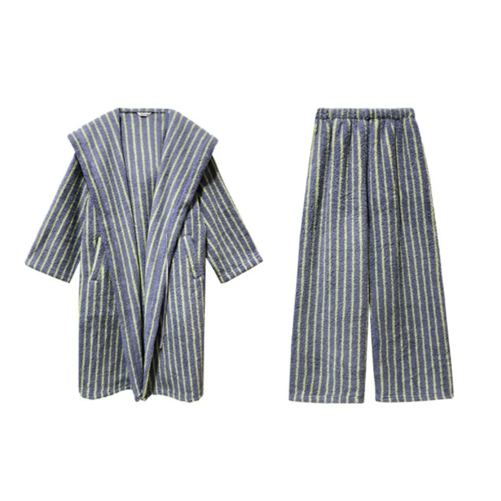 Flat lay of the blue and yellow striped flannel fleece hooded pajama set, showing the robe and matching wide-leg pants - RoomDen.