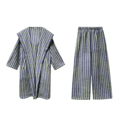 Flat lay of the blue and yellow striped flannel fleece hooded pajama set, showing the robe and matching wide-leg pants - RoomDen.