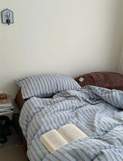 RoomDen Plush Pinstripe Flannel Fleece Bedding Set - Blue Striped Variant - Light Academia Style