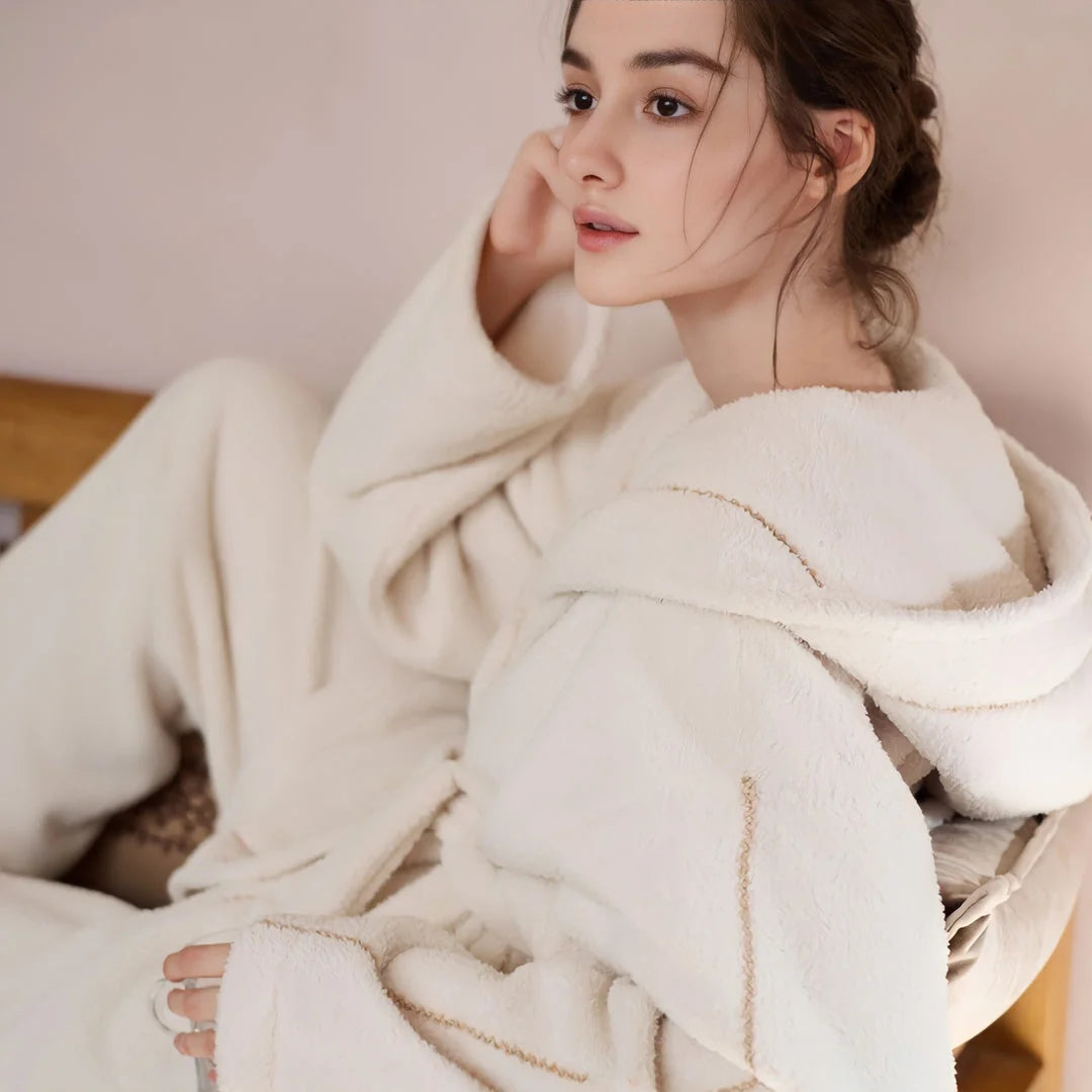 Close-up shot of the hood and shoulder detail of the plush creamy white flannel fleece pajama set - RoomDen.