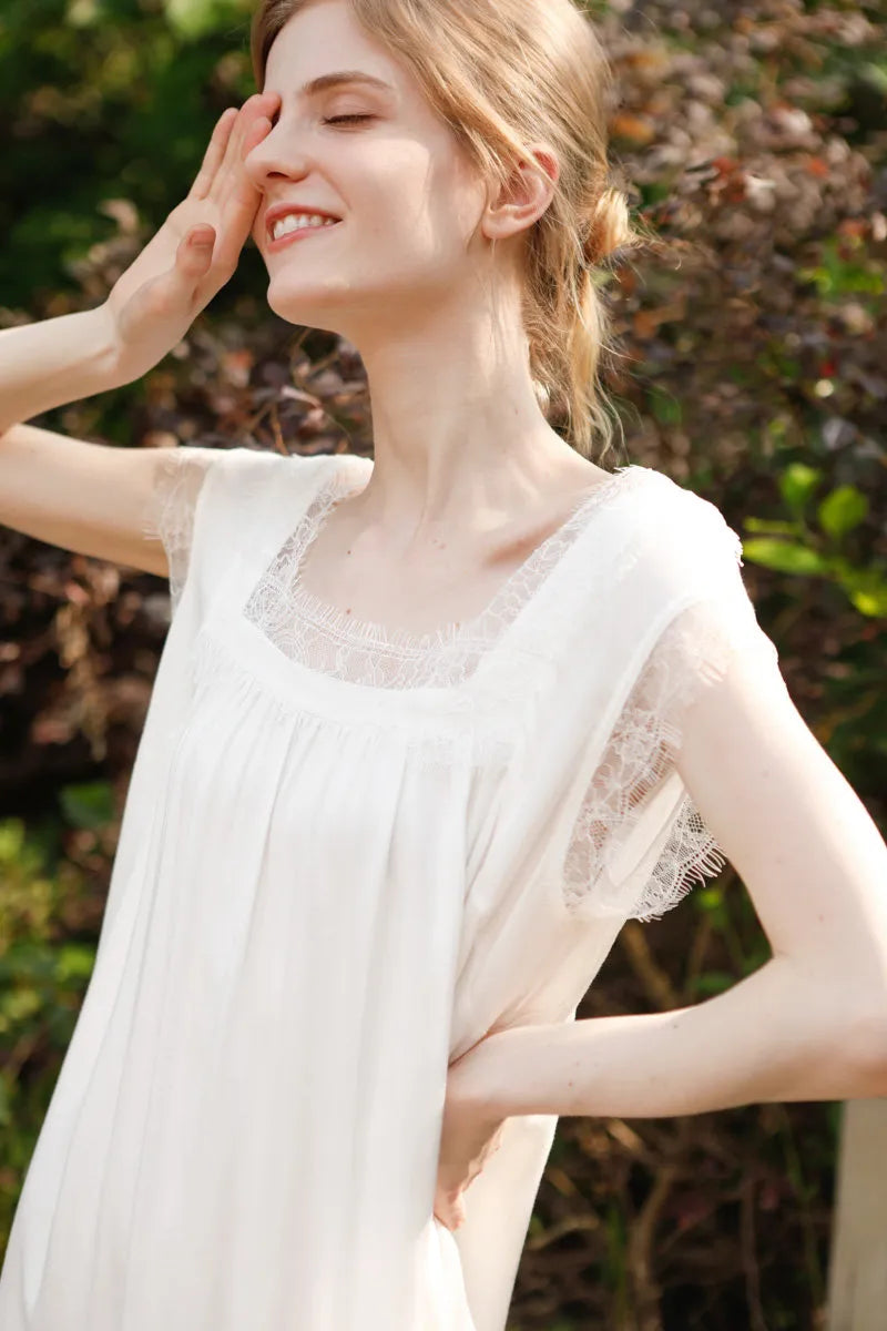 Side view of white cotton sateen nightgown showing armhole lace detail - RoomDen