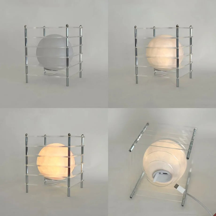 Four-panel image showing the Crystal Clear Caged Lamp at different brightness levels and its USB charging port - RoomDen