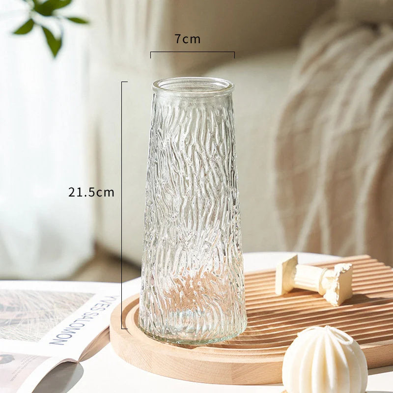 Dimensions of the Large Bark Textured Glass Vase, showing 21.5cm height and 7cm diameter. - RoomDen