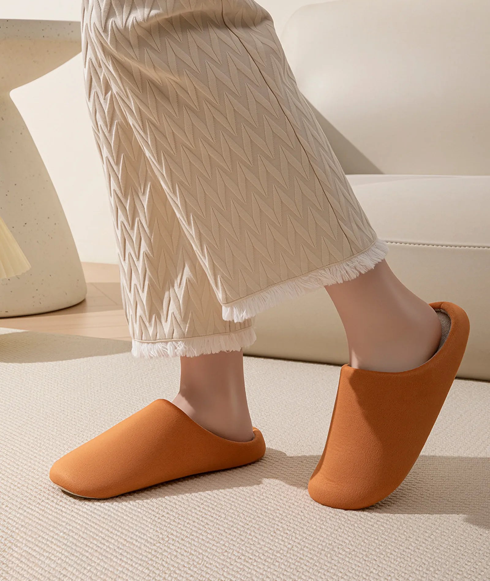 Orange plush solid color cotton house slippers side view - RoomDen