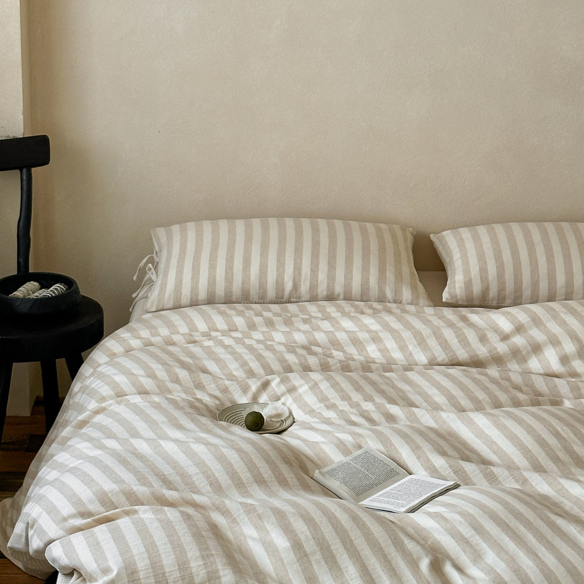 Ashfield Oat Stripe Bedding Set – Front view of striped pillows and duvet - Roomden