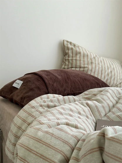 Beige and Rust Pinstripe Fleece Bedding Set Side View