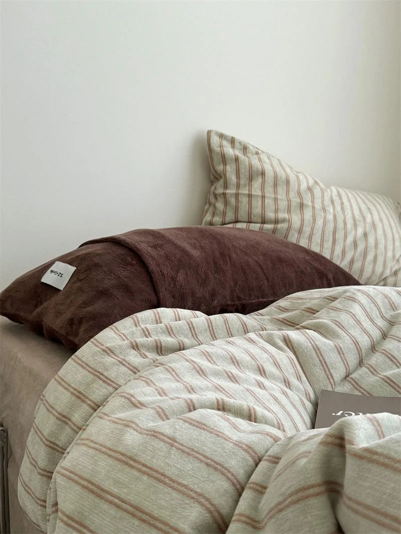 Beige and Rust Pinstripe Fleece Bedding Set Side View