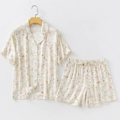 RoomDen Silky Vintage Floral Cotton Sateen Pajama Set - Beige Floral Short Sleeve and Shorts Flat Lay
