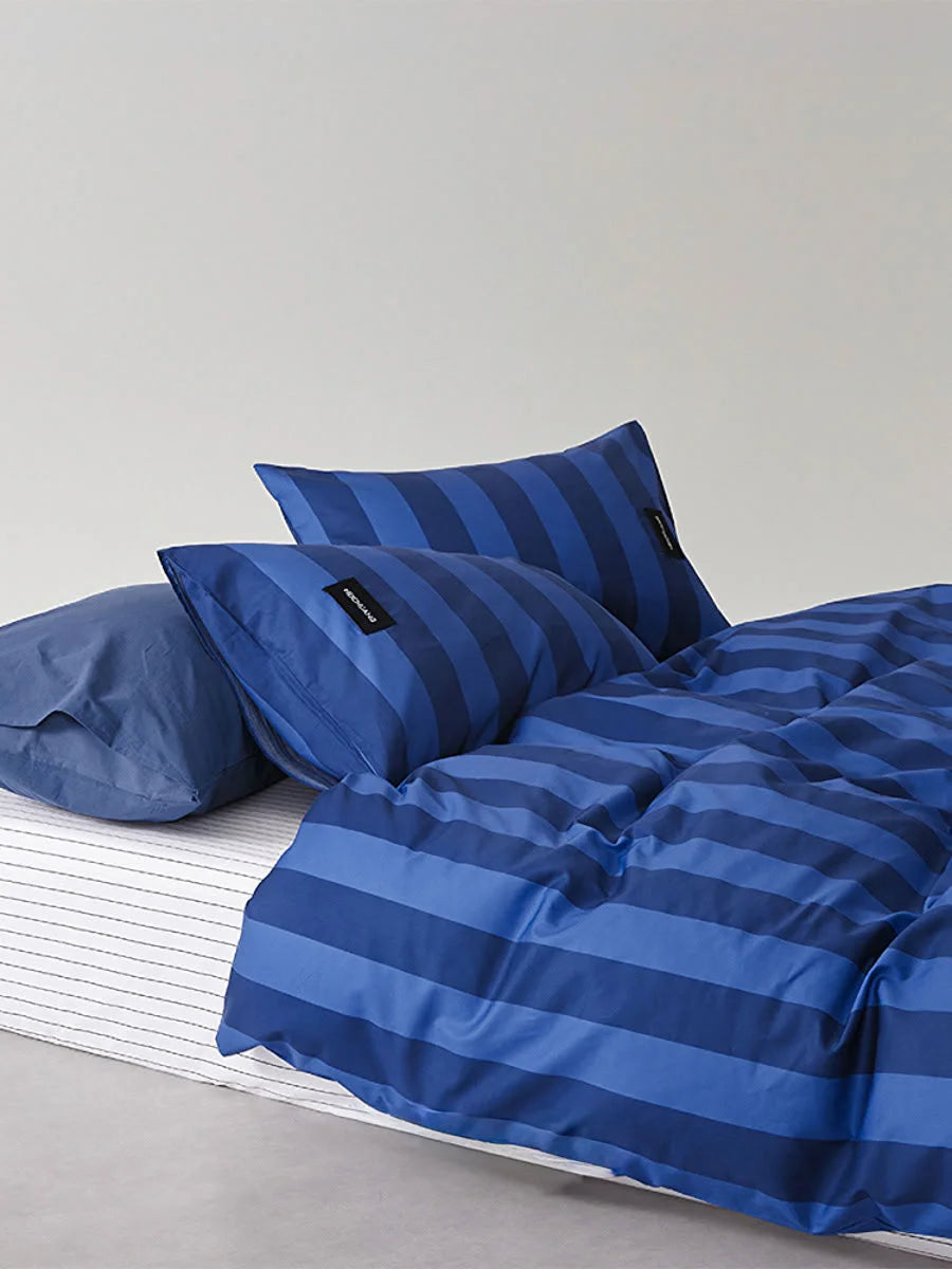 Soft Washed Wide Striped Cotton Bedding Set in Navy & Blue - RoomDen
