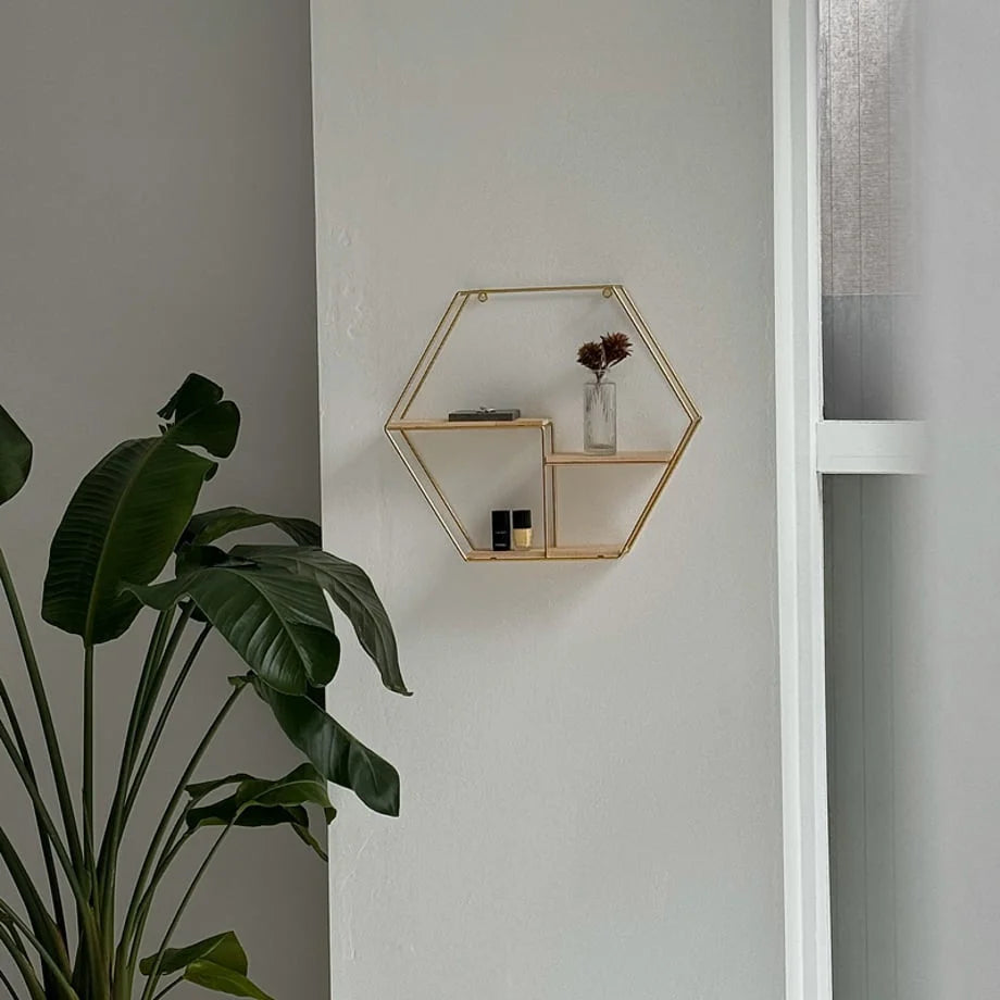 Gold hexagon wall shelf displayed in a bright, minimalist room next to a large green plant - RoomDen