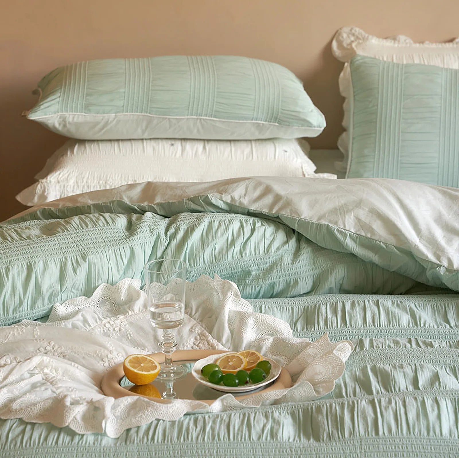Textured Pintuck Washed Cotton Bedding Set in a fresh Mint Green color. - RoomDen
