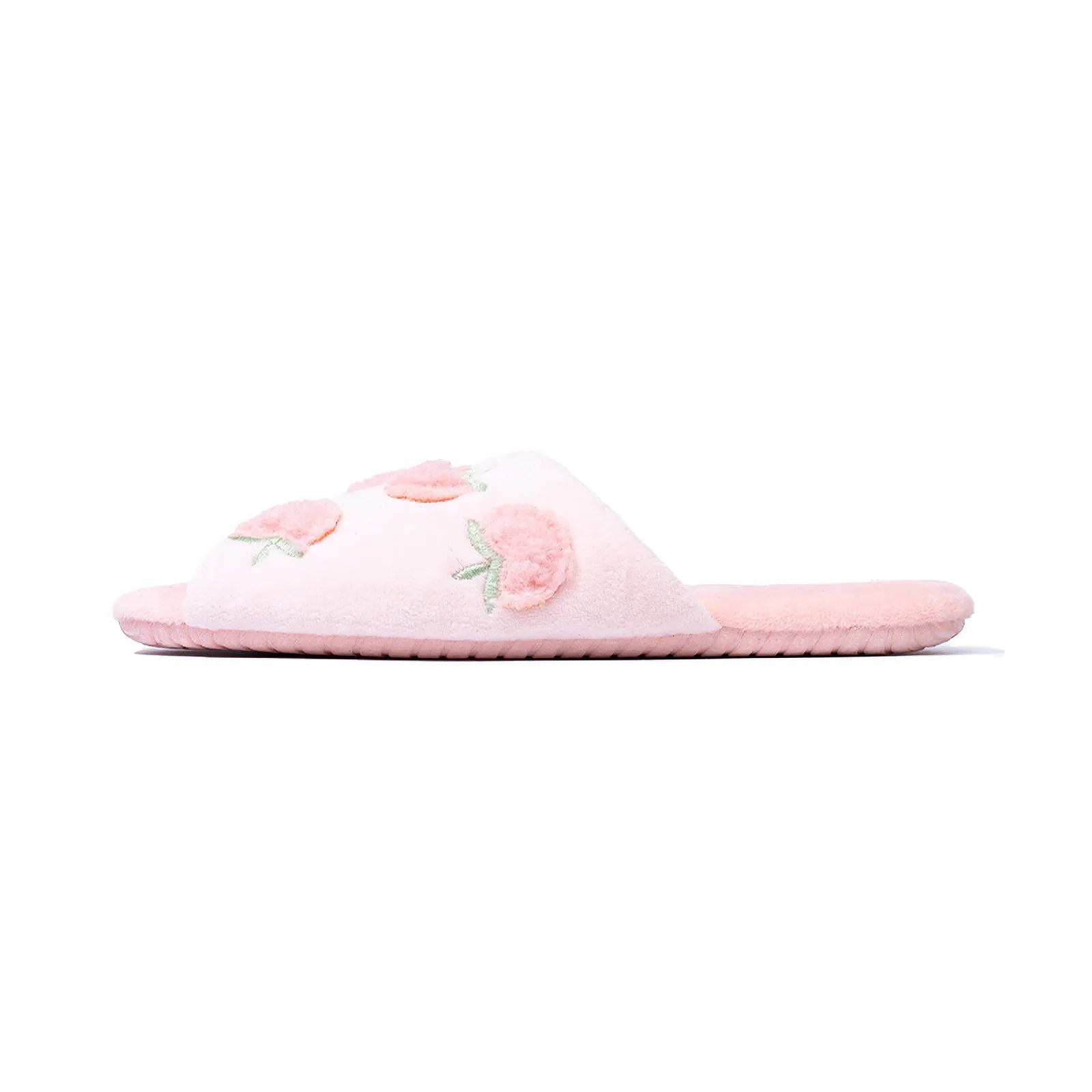 Side Profile View of Pink Coquette Slippers with Peach Detail