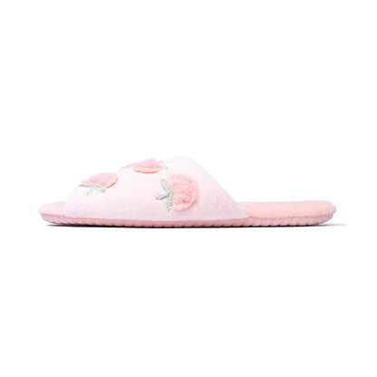 Side Profile View of Pink Coquette Slippers with Peach Detail