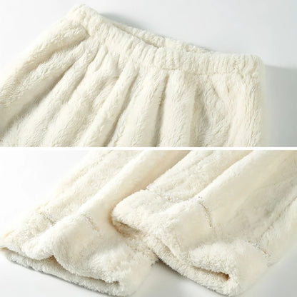 Detail shots of the cream fleece pajama pants, showing the elastic waistband and the sparkly trim on the cuffs - RoomDen.
