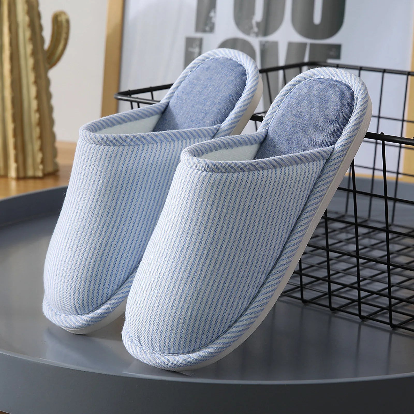 Blue Striped House Slippers showing soft inner lining and open toe design - RoomDen