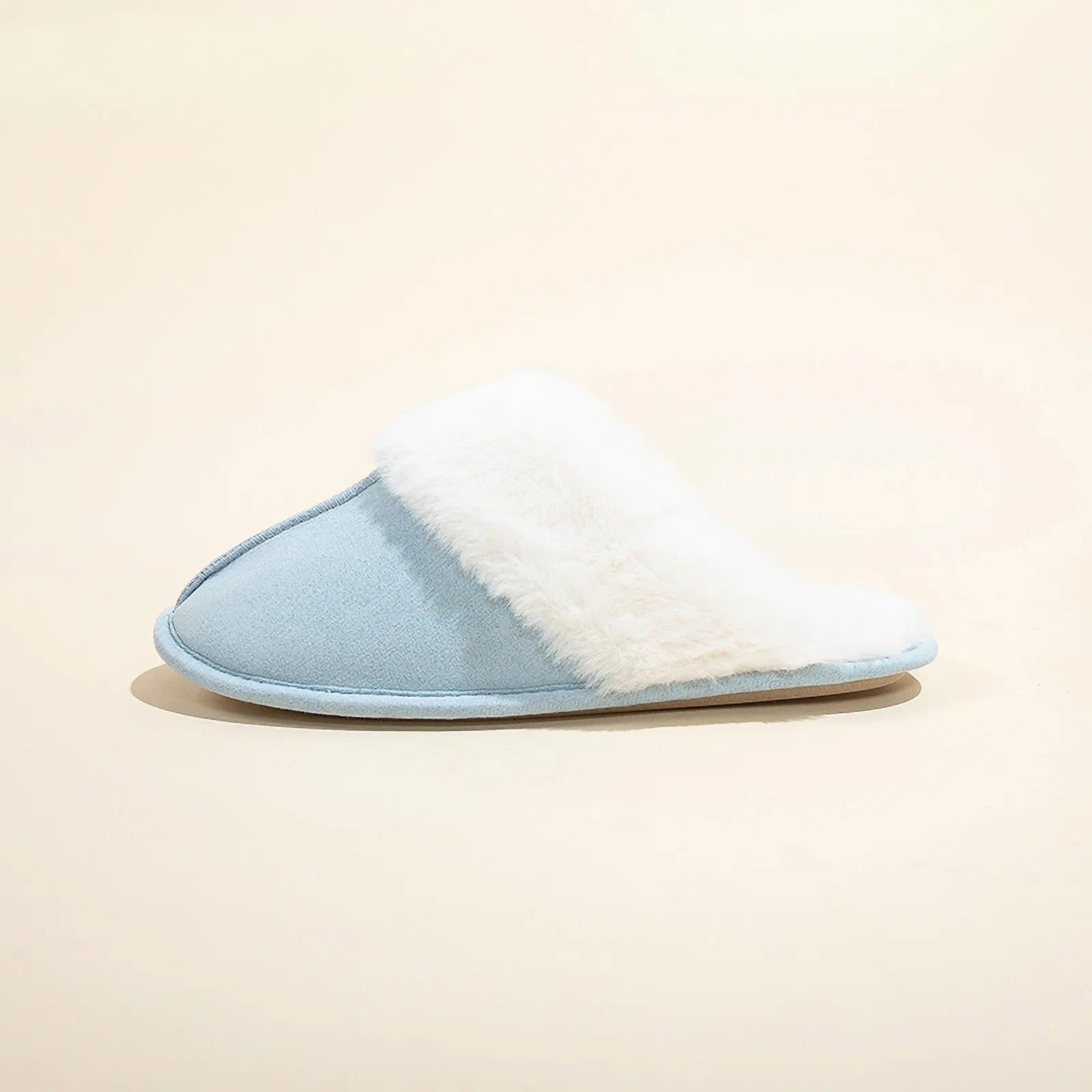 Side profile of Light Blue Plush Faux Suede House Slipper - RoomDen.