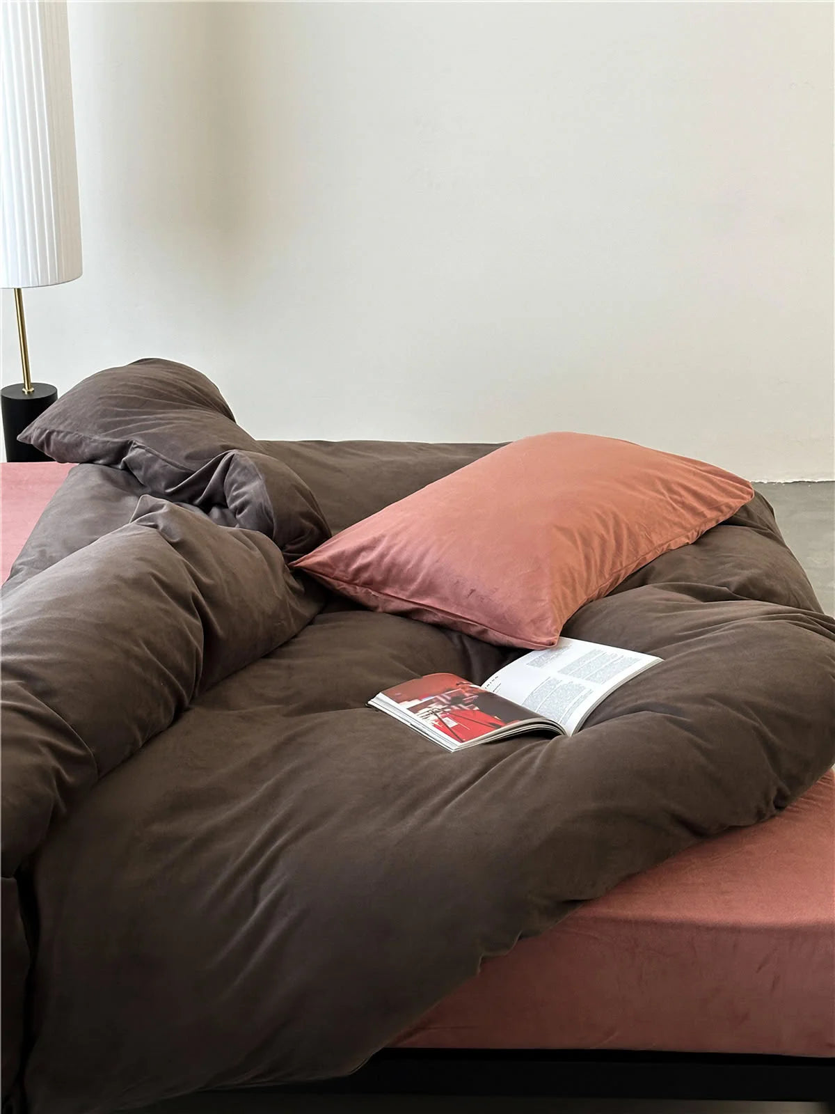 Lifestyle image of the Mocha Brown & Dusty Pink velvet bedding set, looking warm and inviting. - RoomDen