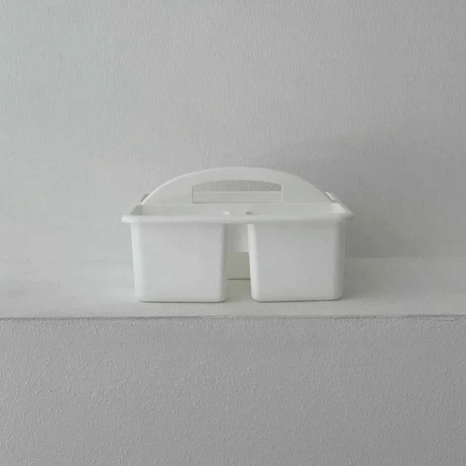 Angled view of the white portable desktop caddy. - RoomDen