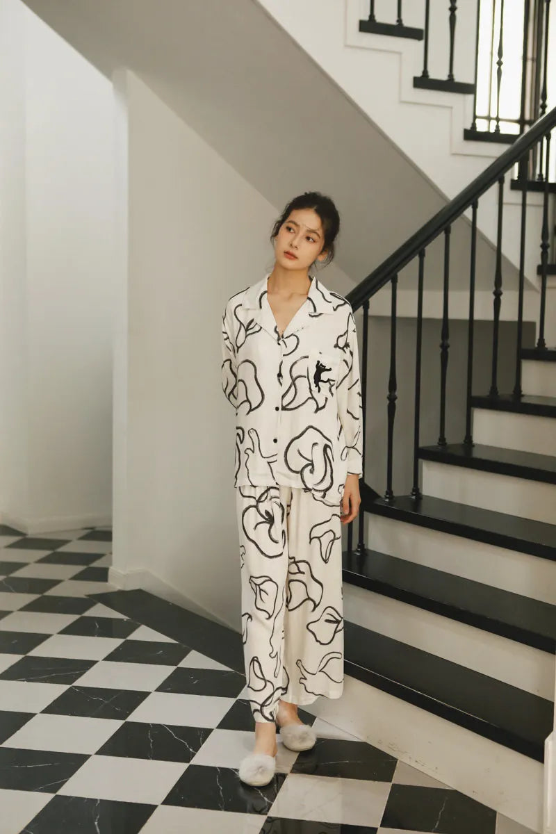 Flowy Cotton Sateen Pajama Pants in Motion on Checkered Floor