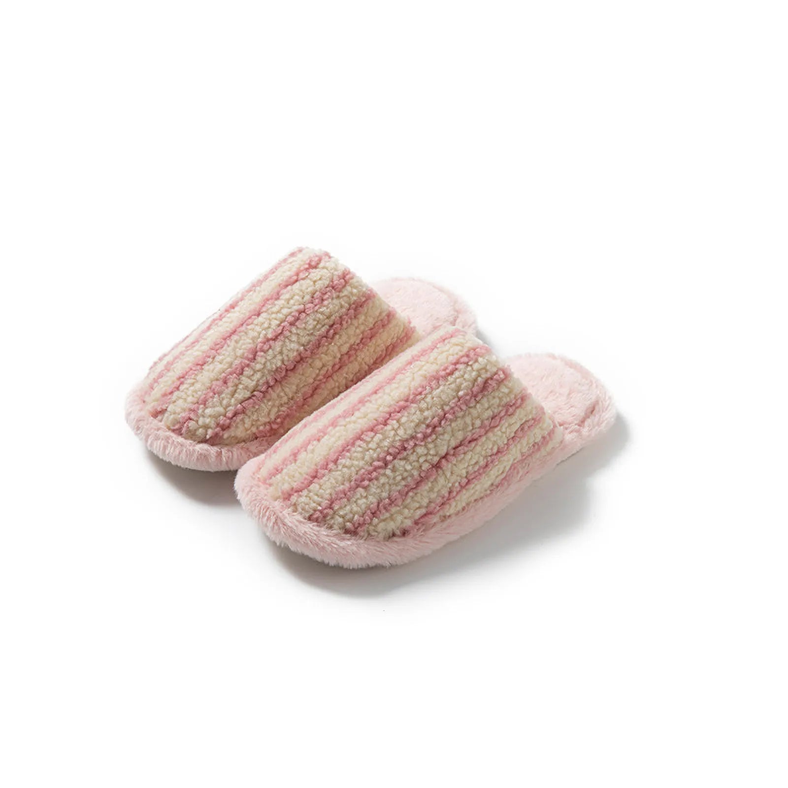 Pair of Beige and Pink striped fuzzy house slippers isolated on white - RoomDen