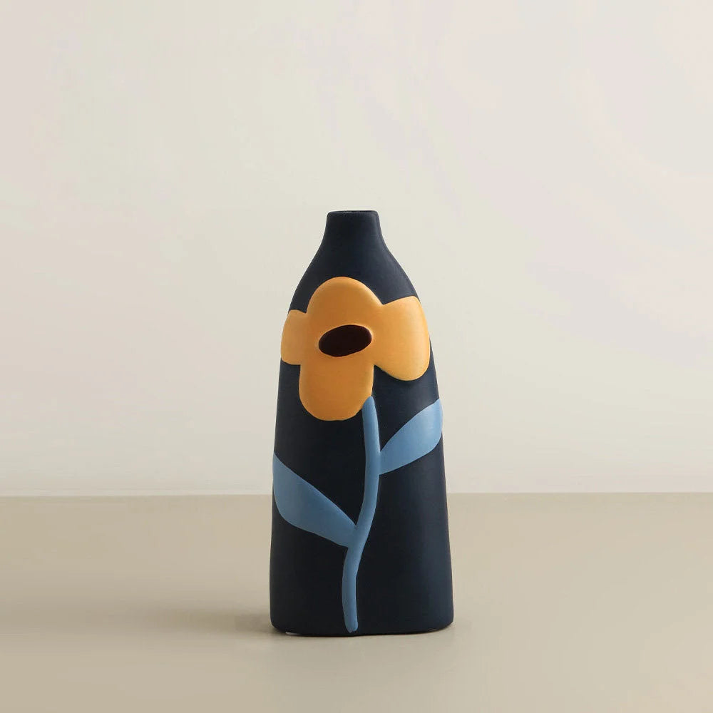 Midnight Blue Pop Art Floral Ceramic Vase with a large yellow 3D flower on a neutral background. - RoomDen