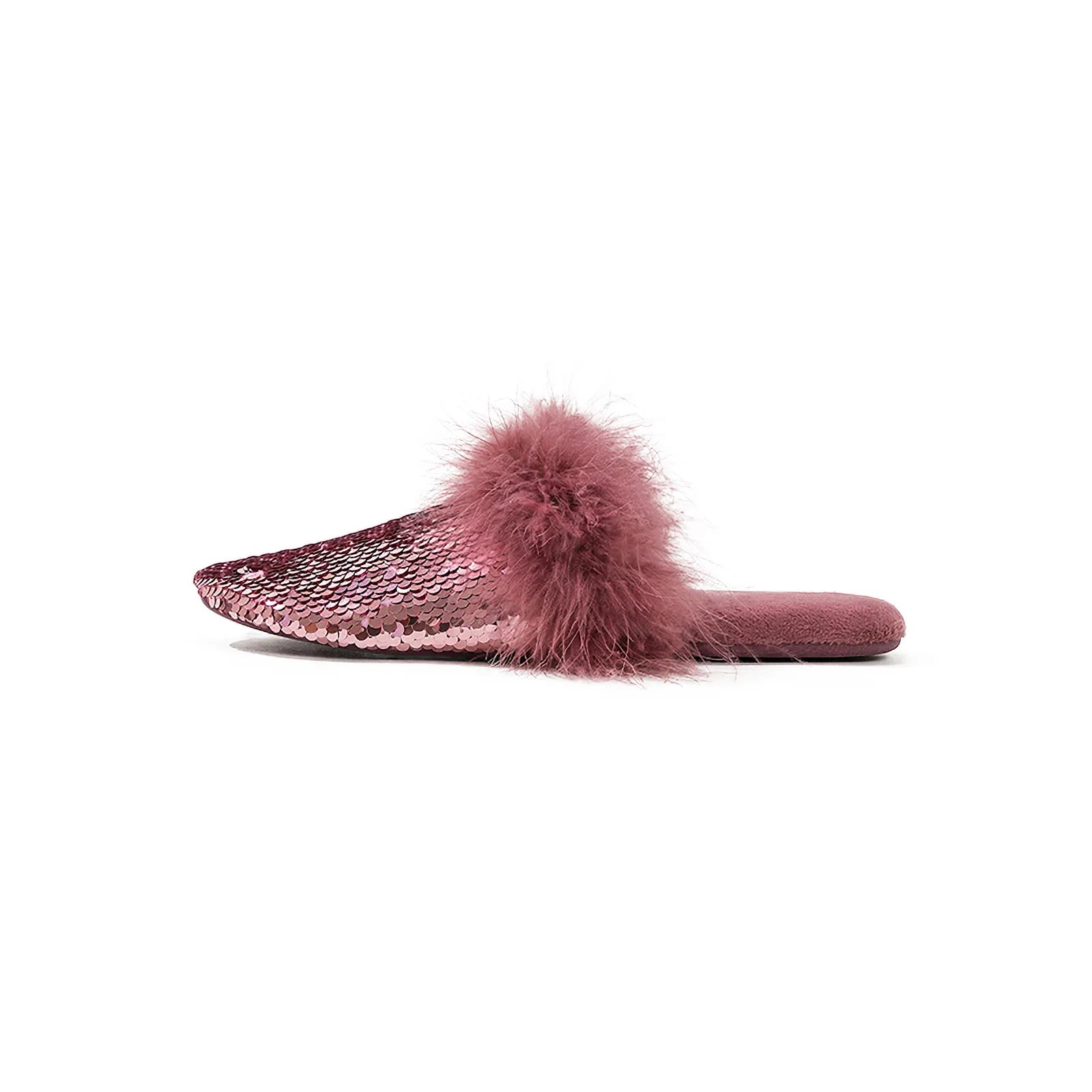 Side profile of pink sequin slipper showing textured upper - RoomDen