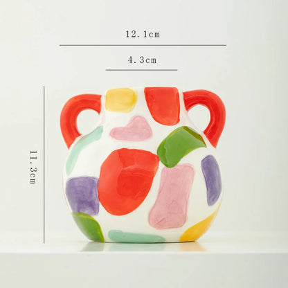 Close-up of the double-handle ceramic vase with colorful abstract spots, showing dimensions. - RoomDen