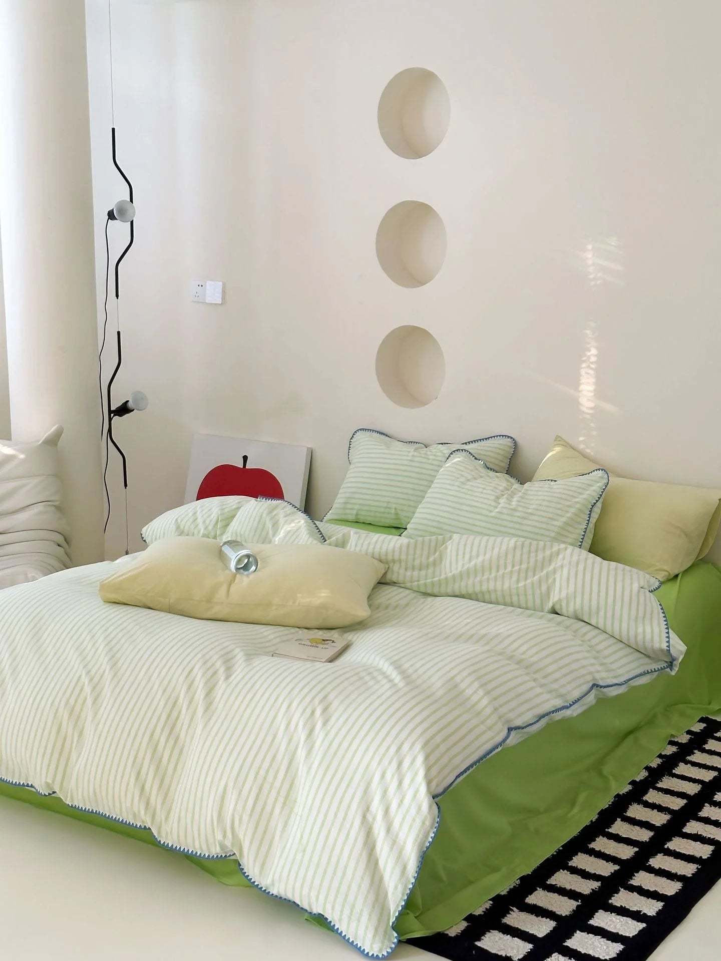 Cozy Sage Green Striped Duvet Cover in Sunlit Room - RoomDen