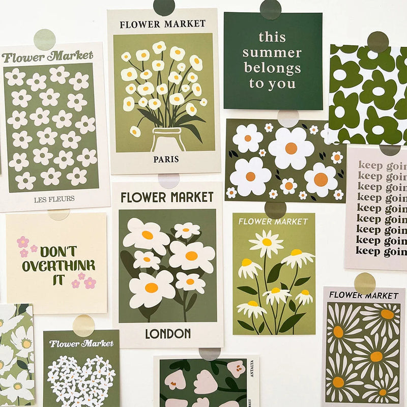 Close-up of the matte cardstock wall collage kit showing crisp printing and retro floral patterns — RoomDen