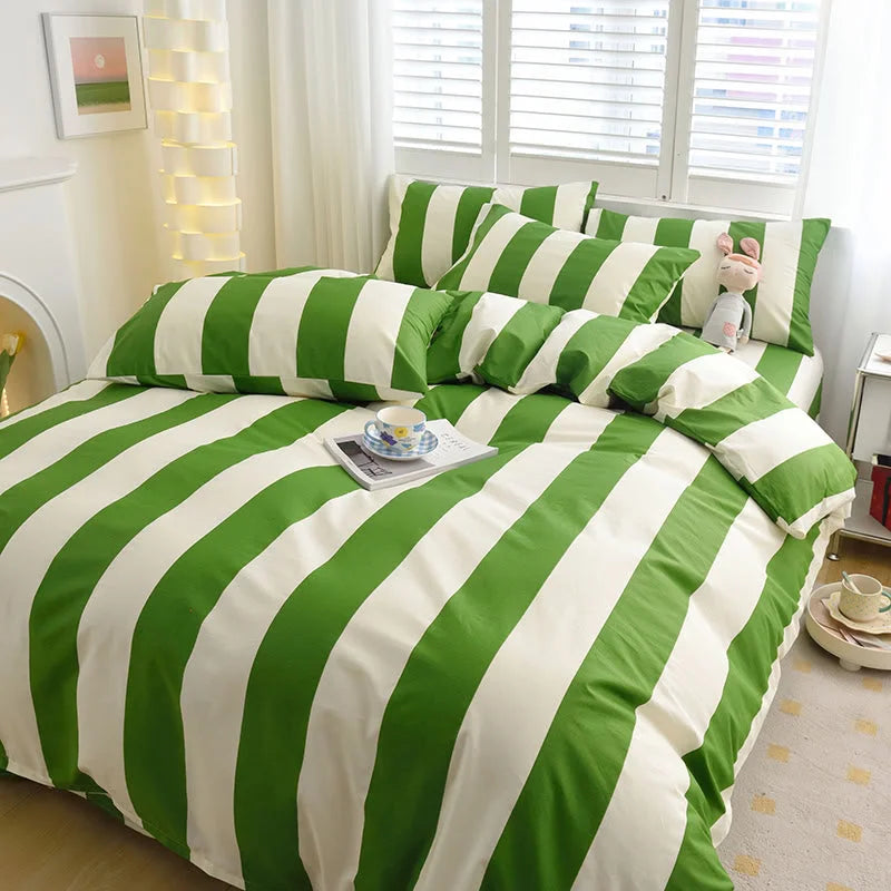 Full view of the Green & White Bold Stripe Cotton Bedding Set creating a fresh, botanical vibe - RoomDen