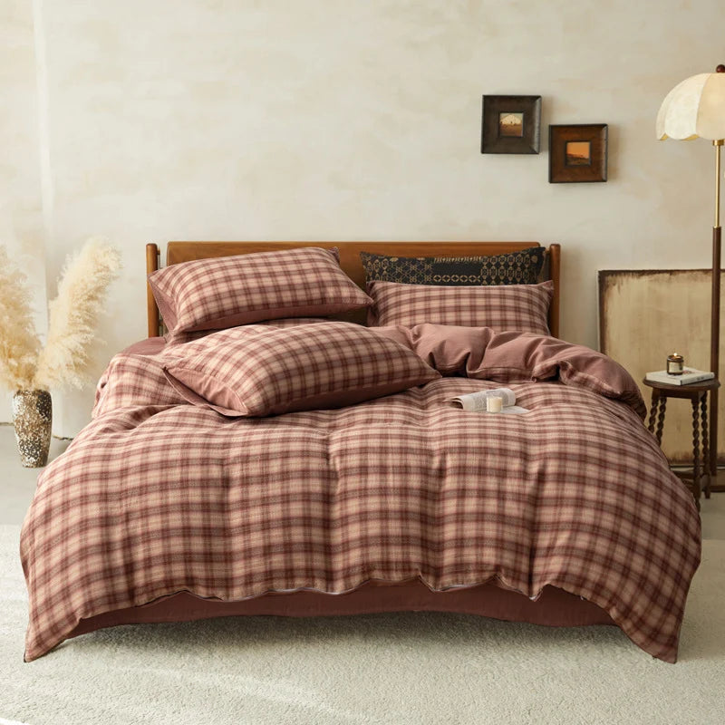 Gingham Double Gauze Cotton Bedding Set, Rustic Rose, bedroom view 1 - Roomden