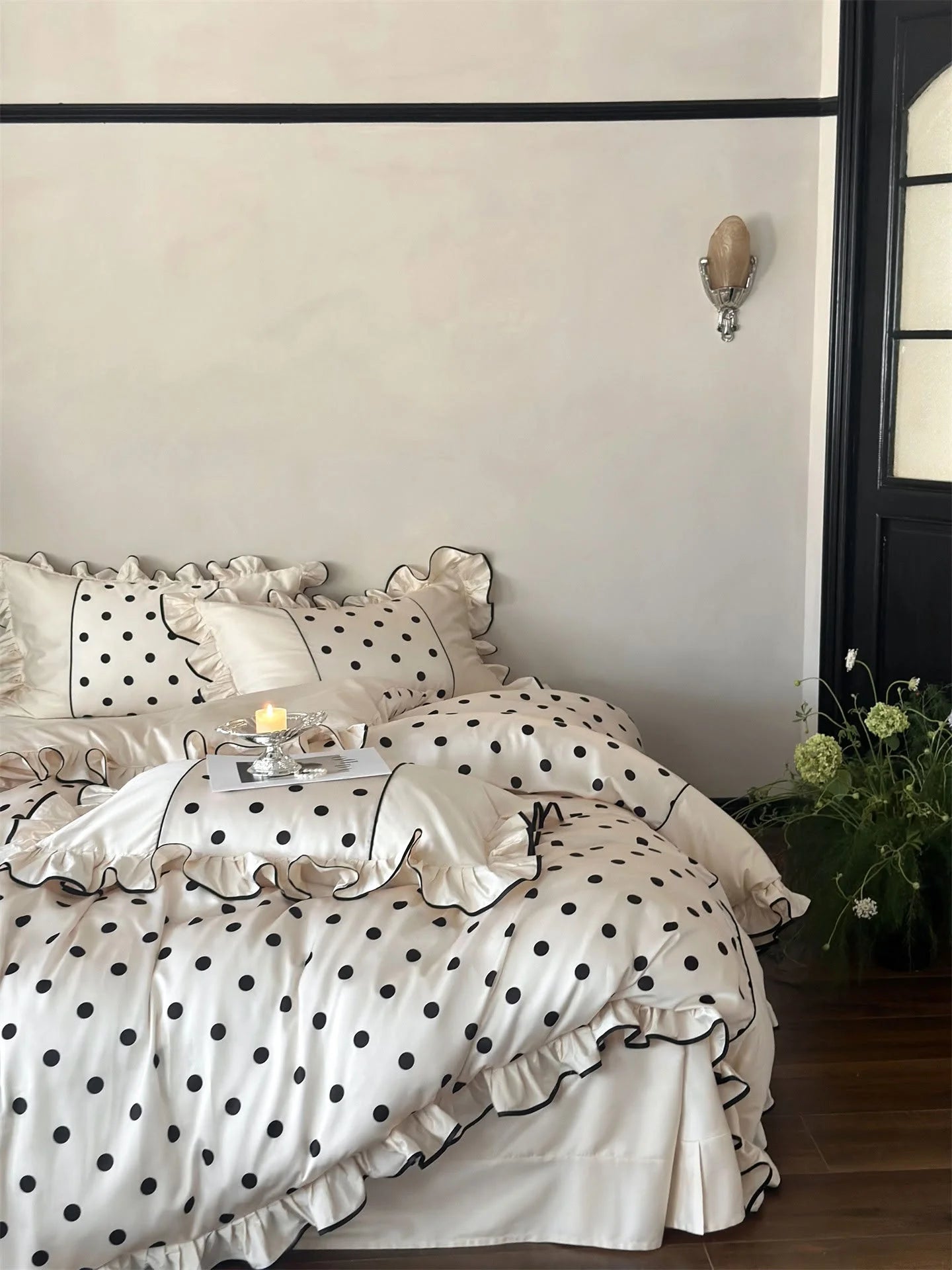 Another full view of the Creamy White & Black Polka Dot Bedding Set, emphasizing the room's aesthetic - RoomDen.